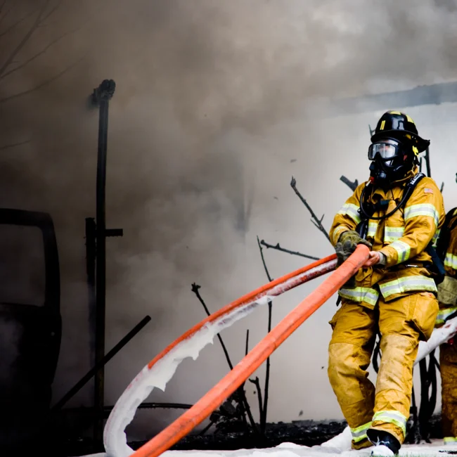 Firefighter fully equipped holding a hose surrounded by smoke 